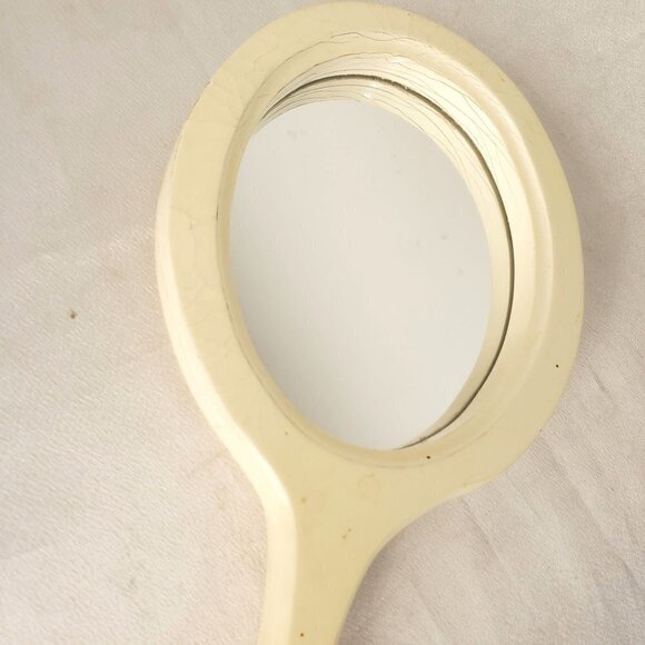 Ivory Hand-Held Mirror Painted Wood Magnolia Altissima Flower Gloss Finish VTG - Picture 6 of 8